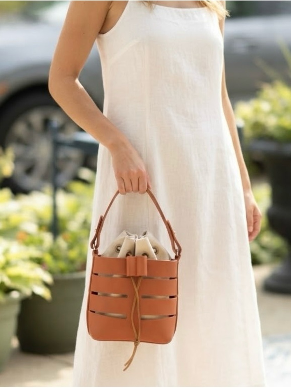 Cutout Vegan Leather Bucket Bag w/ Canvas Drawstring Insert warm orange